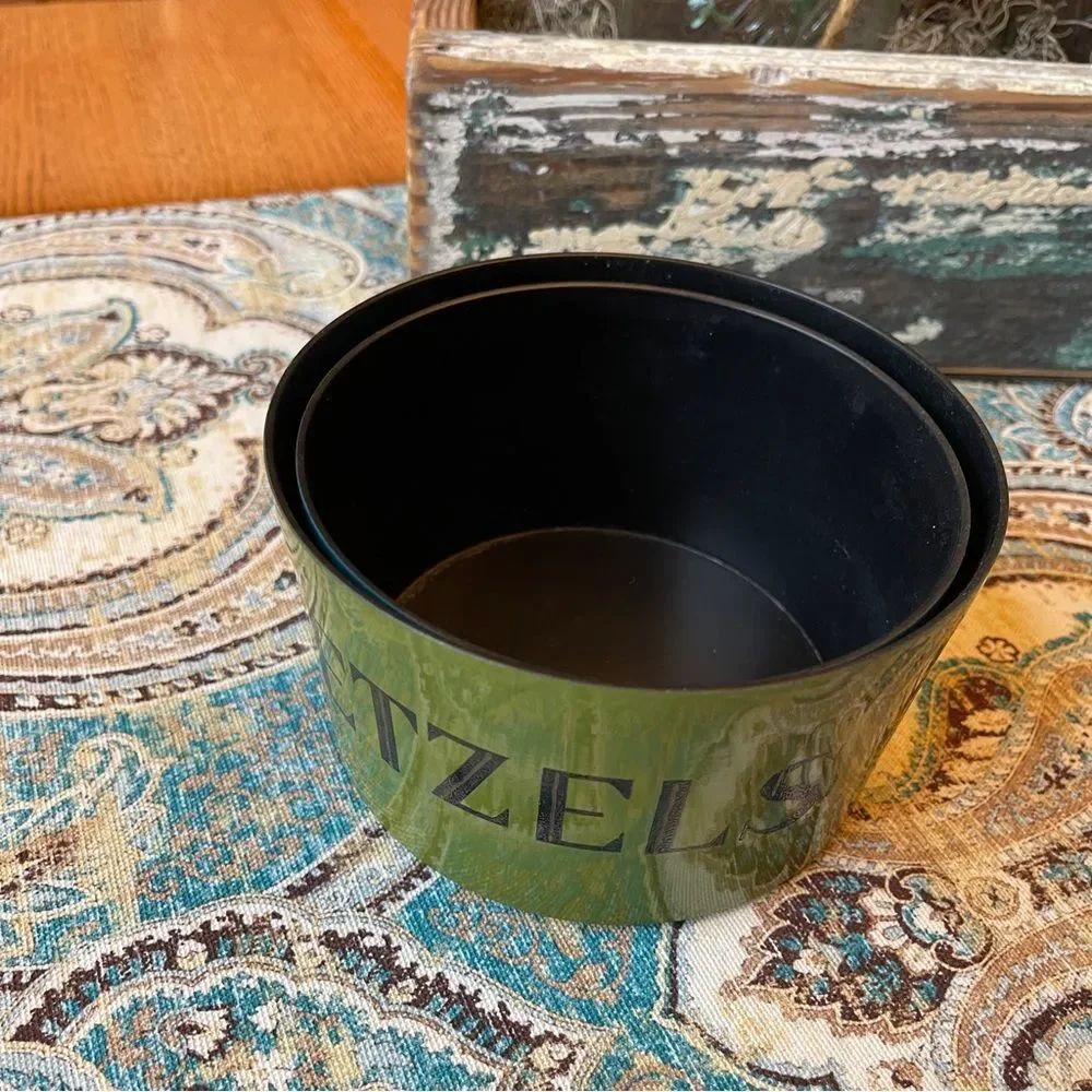 Mid Century Melamine Pretzel & Snack Bowls Green Blue Black Set of 2 1970s